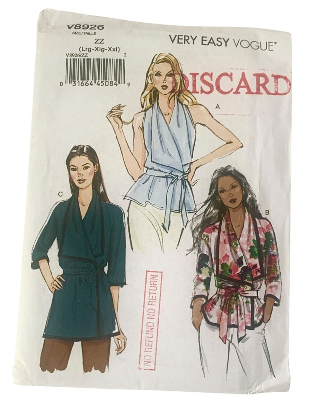 Vogue V8926 Pattern Misses' Wrap Around Top Loose Fitting Easy UNCUT Size Lrg Xl